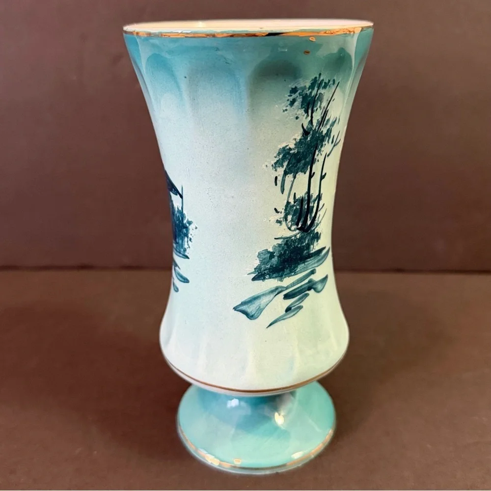 Nautical Porcelain Vase Portugal Teal Blue Sailboat Hand Painted Mid Century H h